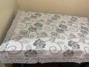 Скатертина клейонка на празгняний стіл щільна з мереживом 140x110 см Tea Time німецька 2190 Kha фото